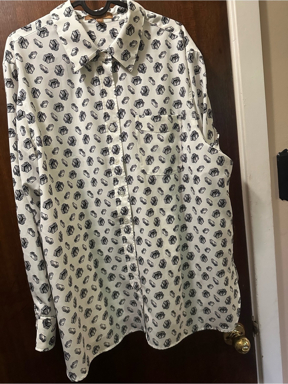 Womens's White Suitcase Print Button-Up Shirt - Classic Fit